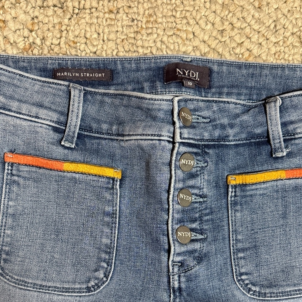 NYDJ Blue Straight Leg Ankle Length Jeans with Colorful Accents and Raw Hem - Picture 2 of 6